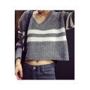 Leisure Striped V-Neck Long Sleeves Double-Knitted Cropped Loose Pullover Sweater