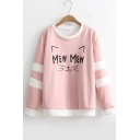 Cute Cat Purr Face Cartoon Letter Printed Striped Round Neck Long Sleeves Pullover Sweatshirt