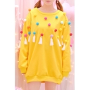 Sweet Colorful Long Sleeves Round Neck Pullover Sweatshirt Embellished with Pompons & Tassels