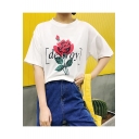 Simple Floral Letter Graphic Pattern Short Sleeves Round Neck Tee