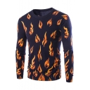 Trendy Fire Flame Pattern Round Neck Long Sleeves Pullover Sweater