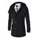 Simple Plain Detachable Hood Long Sleeve Toggle Slim-Fitted Tunic Coat