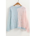 Simple Pompom Knotted Front Color Block Round Neck Long Sleeves Pullover Sweater