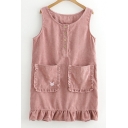 Adorable Round Neck Buttons Ruffled Hem Mini Overall Dress with Pockets