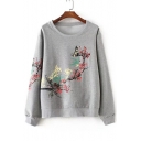 Pop Floral Butterfly Pattern Round Neck Long Sleeves Pullover Sweatshirt