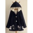 Trendy Cats Printed Faux Fur Padded Hooded Winter Cape with Double Buttons & Pockets