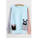 Lovely Rabbit Cartoon Pattern Round Neck Long Sleeves Color Block Pullover Sweatshirt with Pockets