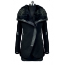 Elegant Over-Sized Faux Fur Collar Wrapped Front Long Sleeves Leather Patched Zippered Coat with Pockets