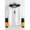 Popular Color Block Cactus Pattern Long Sleeves Pullover Hoodie with Drawstring