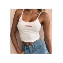 Simple Letter Embroidered Scoop Neck Spaghetti Knitted Cropped Cami