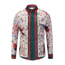 Vintage Style Color Block Striped Floral Bird Pattern Point Collar Long Sleeves Button Down Shirt