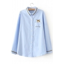 Leisure Lapel Button Down Cat Embroidery Long Sleeve Loose Shirt
