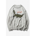 Cute Cartoon Crocodile Print Long Sleeve Round Neck Pullover Sweater