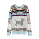 Cartoon Dog Tribal Print Long Sleeve Round Neck Pullover Sweater