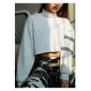 Cool Gingham Plaids Pattern High Neck Long Sleeves Pullover Loose Cropped Sweatshirt