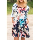 Trendy Striped 3/4 Sleeves Floral Pattern T-shirt Mini Dress with Pockets