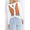 Sexy Open Back Long Sleeve Round Neck Simple Plain Pullover Sweater