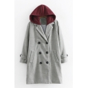New Fashion Contrast Hooded Long Sleeve Double Breasted Trench Coat