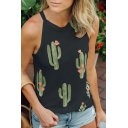 Trendy Cactus Pattern Round Neck Sleeveless Cold Shoulders Casual Tank Top