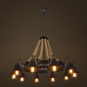 Industrial 43''W Large Chandelier with Rope and Cone Metal Shade in Black, 10 Light