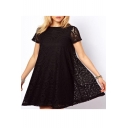 Simple Plain Round Neck Short Sleeve Lace Crochet Mini Dress