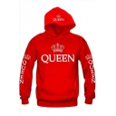 Unisex QUEEN Letter Crown Printed Long Sleeves Pullover Hoodie with Pocket