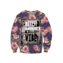 Chic Round Neck Floral Letter Print Long Sleeve Pullover Sweatshirt