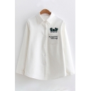 Letter Plant Embroidered Lapel Long Sleeve Buttons Down Shirt