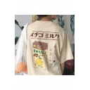 Leisure Japanese Characters Juice Pattern Round Neck Short Sleeves Graphic Tee