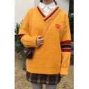 Casual V-Neck Long Sleeves Striped Pullover Sweater with Embroidery