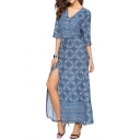 Bohemian Style Print V-Neck Half Sleeve Split Side Button Beach Dress