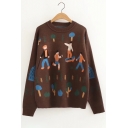 Chic Letter Cartoon Print Long Sleeve Round Neck Pullover Sweater