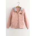 Simple Button Down Long Sleeves Hooded Bear Applique Quilted Coat with Flap-Pockets