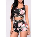 Fashionable Digital Floral Letter Print Cropped Tank Shorts Sport Co-ords