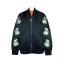 Flora Embroidered Long Sleeve Zipper Stand-Up Collar Jacket for Couple