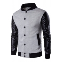 Simple Patchwork Button Down Contrast Trimmed Long Sleeves Baseball Jacket