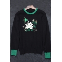 Elegant Floral Tropical Plant Bird Sequined Beaded Pattern Long Sleeves Contrast Trimmed Pullover Sweater