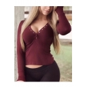 Sexy V-Neck Button Front Long Sleeves Slim-Fit High Low Hem Ribbed Tee Top