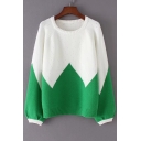 Color Block Print Cutout Round Neck Long Sleeve Pullover Sweater