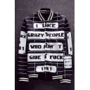 Cool Letter Striped Pattern Button Down Long Sleeves Monochrome Baseball Jacket