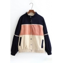 Color Block Stand-Up Collar Long Sleeve Buttons Down Baseball Coat