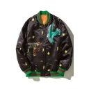 Vintage Style Contrast Trimmed Bee Bird Stars Pattern Long Sleeves Zippered Bomber Jacket