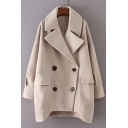 Stylish Notched Lapel Long Sleeves Double Breasted High Low Hem Cocoon Coat with Pockets