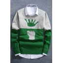 Stylish Color Block Hand Feet Pattern Round Neck Long Sleeves Ribbed Pullover Sweater