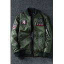 Fashionable Stand-Up Collar Long Sleeve Badge Pattern Reversible Bomber Jacket