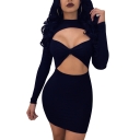 Sexy Cutout Neck & Waist Bow Bandeau Front Long Sleeves Slim-Fit Mini Bodycon Dress