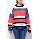 Color Block Striped Round Neck Long Sleeve Pullover Sweater