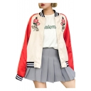 Color Block Floral Embroidered Stand-Up Collar Long Sleeve Baseball Jacket