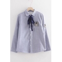 Cat Embroidered Striped Lapel Bow Front Long Sleeve Buttons Down Shirt