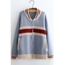 Color Block Striped Print Stand-Up Collar Dropped Shoulder Zipper Cardigan